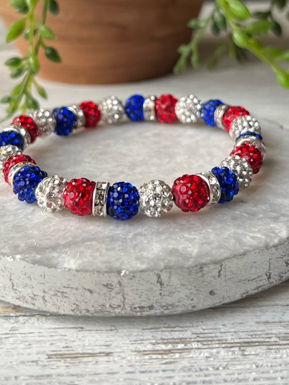 Sparkling Red, White & Blue Crystal Bead Bracelet 7 inch Patriotic Bracelet - Picture 7 of 8